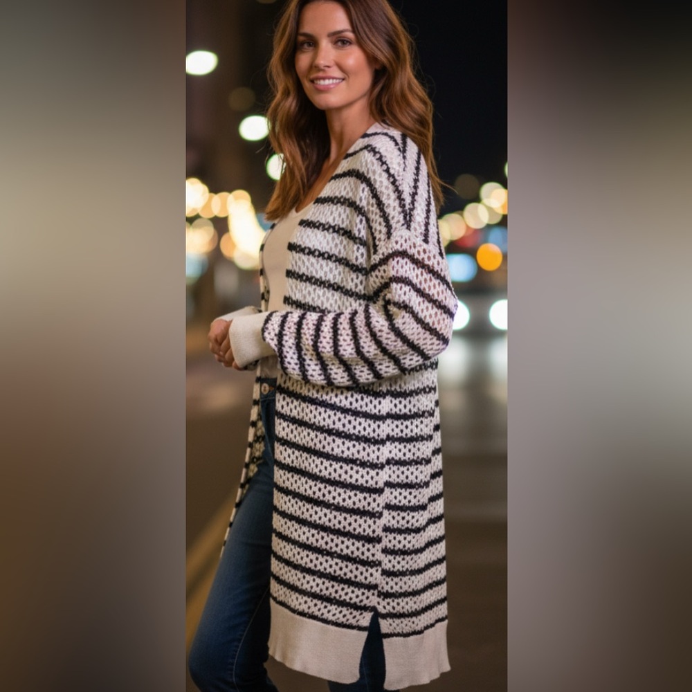 New, Nine West Crochet  Lightweight Black and White Striped Cardigan/Duster XL‎